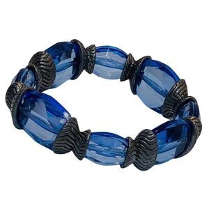 Vintage Faceted Sapphire Blue Glass Beaded Silver Tone Shimmer Stretch Bracelet